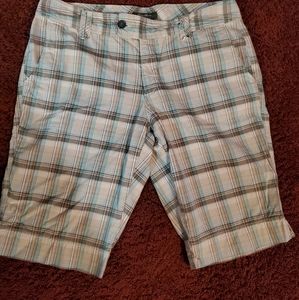 5/$10 Shorts 3/4 length teal and brown plaid